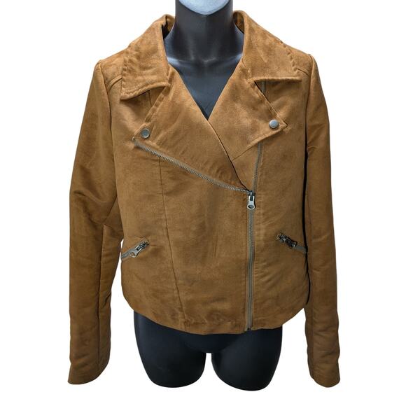 Mudd Jacket Women's Lg Brown Faux Suede Moto Short Zip Pockets Fall Autumn Light - Picture 2 of 12